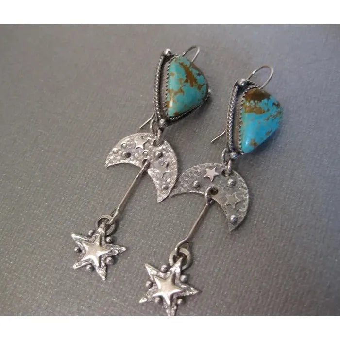 Bohemian Retro Triangle Blue Green Stone Earrings Zinc Alloy Star Moon Pendant