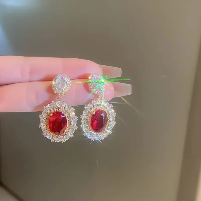 Gold Red CZ Geometric Drop Earrings for Women Wedding Party Jewelry
