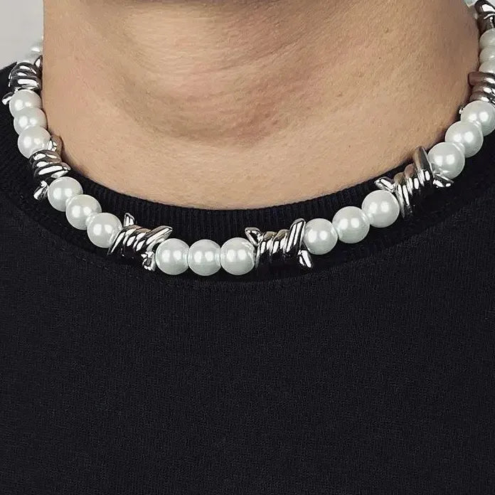 Punk Pearl Barbed Wire Chain Necklace Gothic Metal Jewelry Gift Men Women