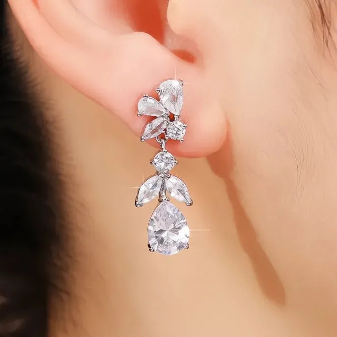 Geometric White Cubic Zirconia Drop Earrings for Women Bridal Wedding Copper Alloy