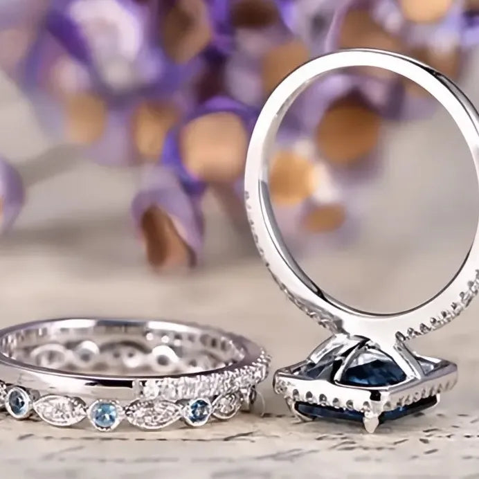 3Pcs Blue Cubic Zirconia Rings Set for Women Luxury Anniversary Jewelry