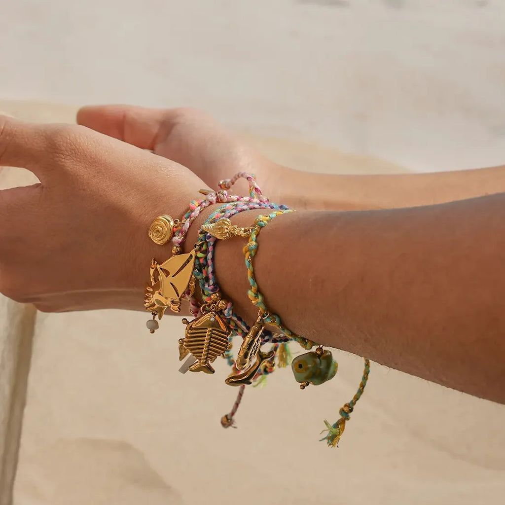 Handmade Woven Fish Bone Shell Pendant Bracelet Stainless Steel Jewelry Charm