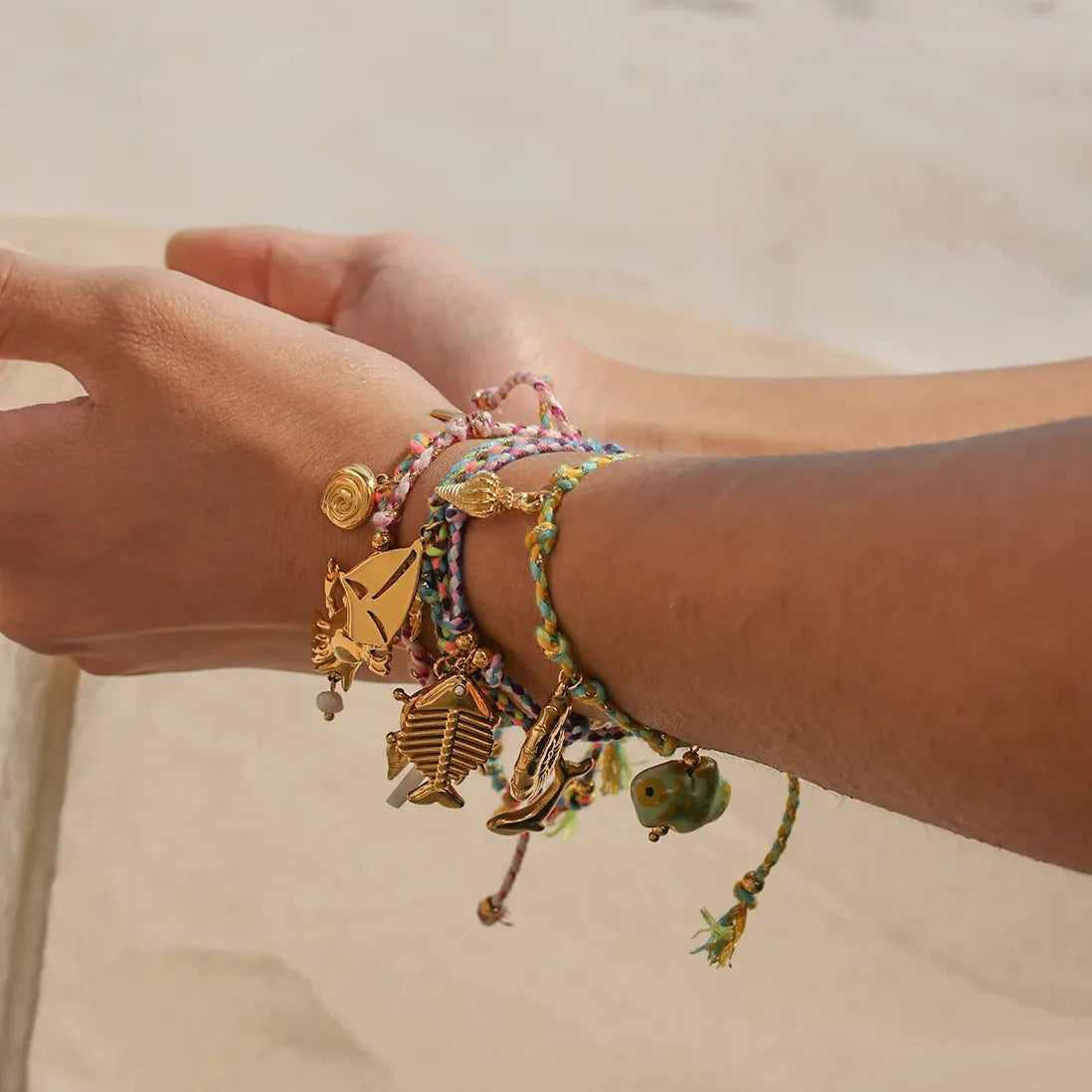 Handmade Woven Fish Bone Shell Pendant Bracelet Stainless Steel Jewelry Charm