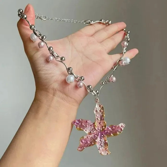 Vintage Purple Pink Starfish Flower Pearl Necklace with Zinc Alloy Pendant