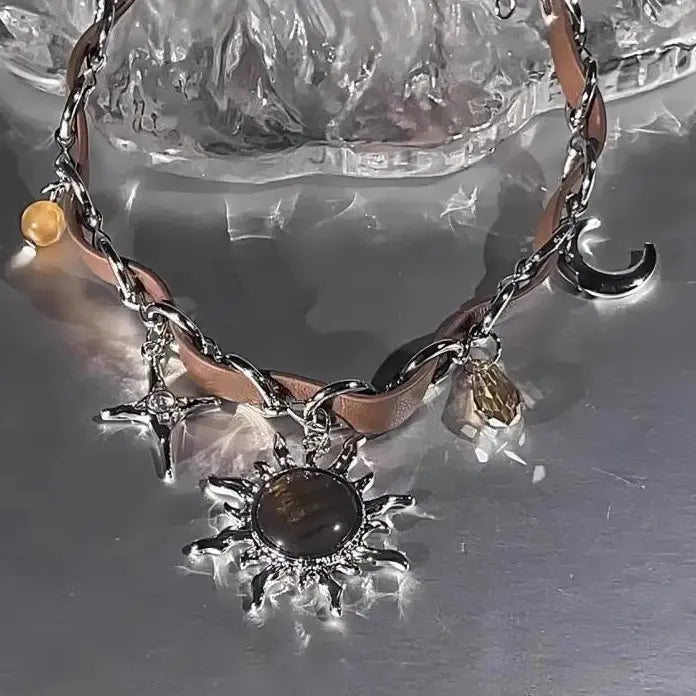 Retro Y2K Brown Opal Sun Geometric Circle Pendant Necklace Men Women Hip Hop Grunge Jewelry