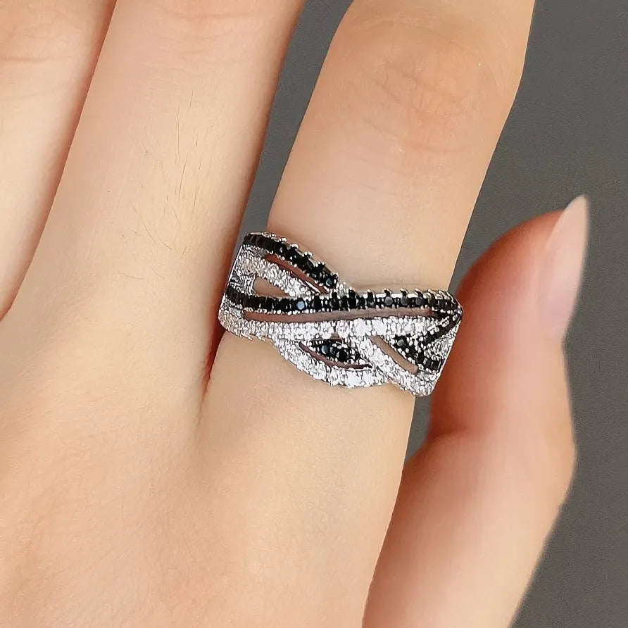 Women’s Black & White Twist Cubic Zirconia Ring for Party & Daily Wear
