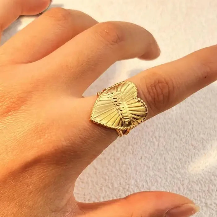 18K Gold Color Stainless Steel Heart Ring Wedding Couple Jewelry Gift