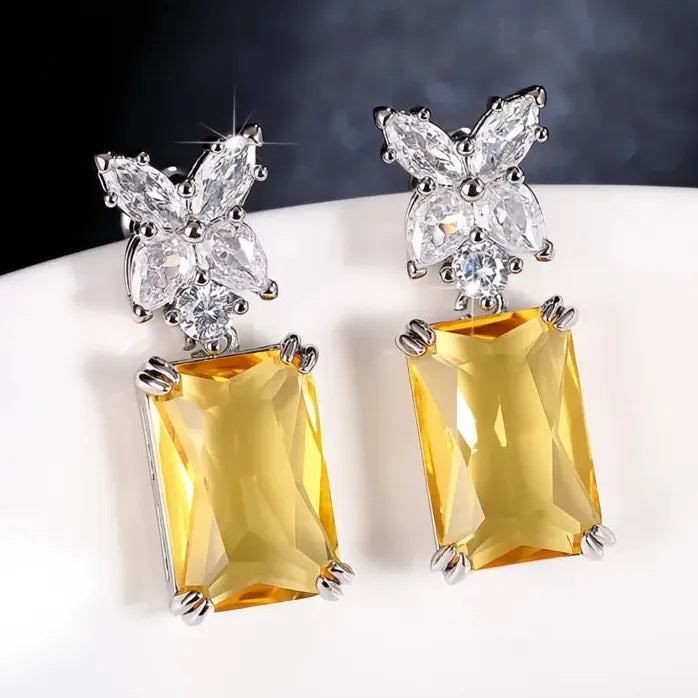 Elegant Square Cubic Zirconia CZ Dangle Earrings Yellow Gold Copper Alloy