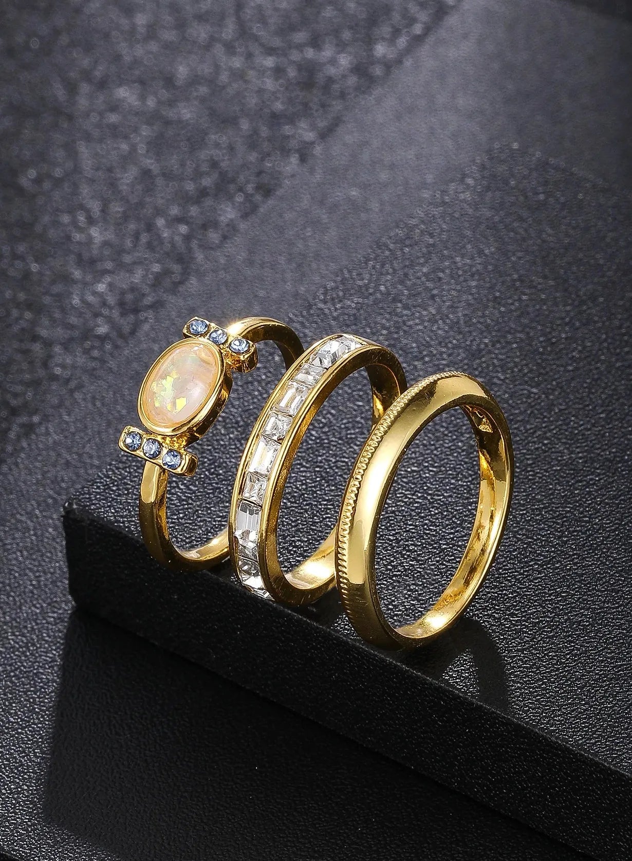 Geometric Gold Color Round Zircon Rings Set for Women Engagement Wedding Jewelry