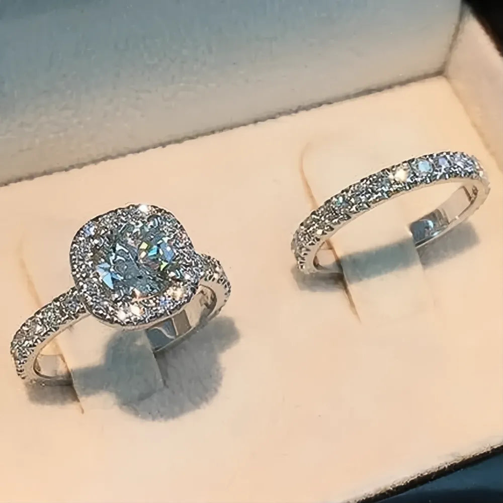 Simple Elegant Round Square Cubic Zirconia Rings for Women Silver Color Bridal Wedding Party Jewelry Set