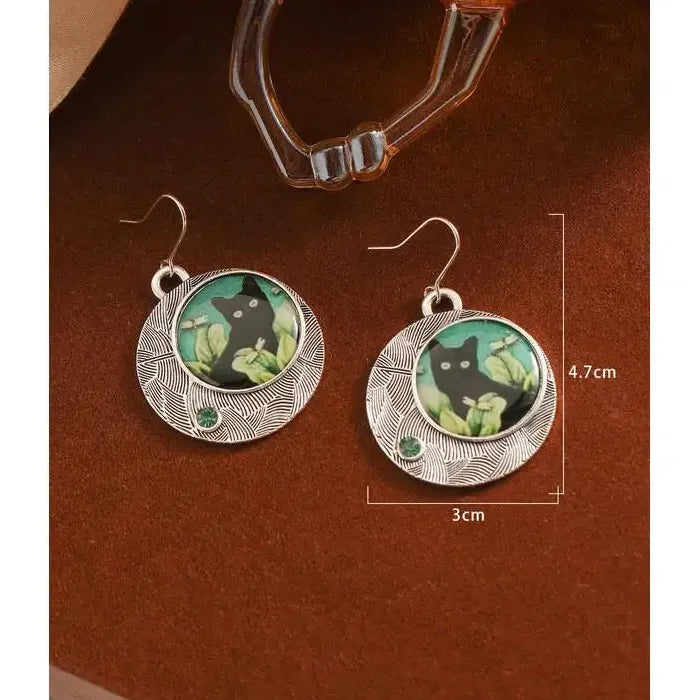 Vintage Round Black Cat Drop Earrings for Women Zinc Alloy Green Leaf Dangle