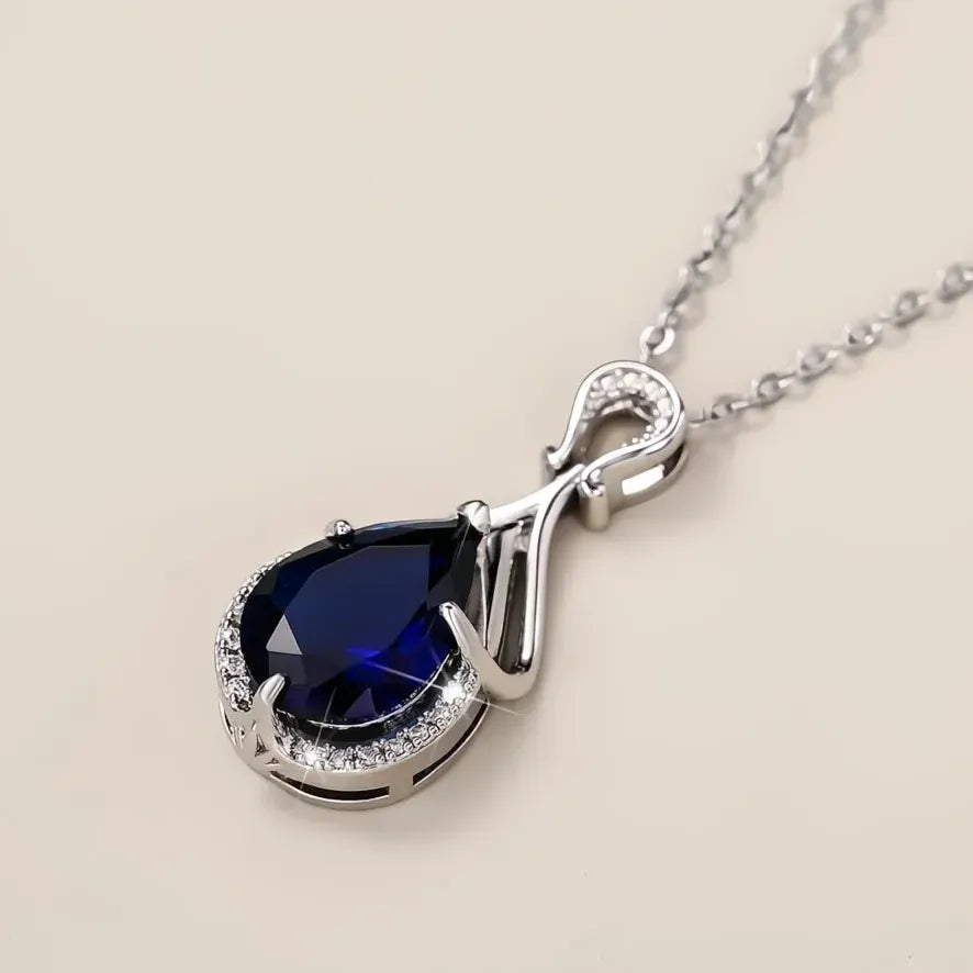 Blue Pear Cubic Zirconia Pendant Necklace for Women Wedding Jewelry Luxury