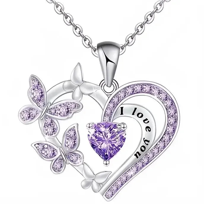Purple White Butterfly Love Pendant Necklace for Women Cubic Zirconia Wedding Party Jewelry