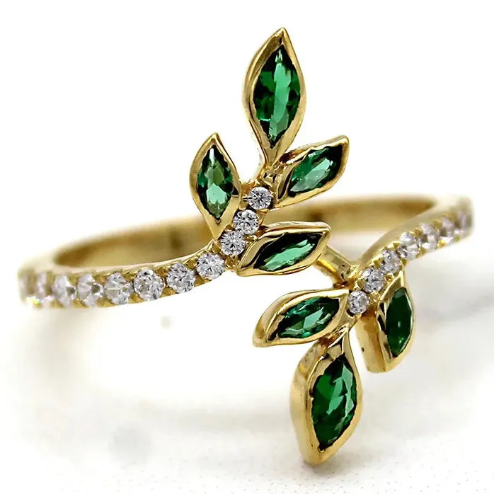 Zirconia Leaf Design Brass Ring for Women Engagement Jewelry Gift