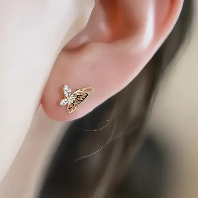 Gold Butterfly Stud Earrings for Women with CZ Stones Copper Alloy
