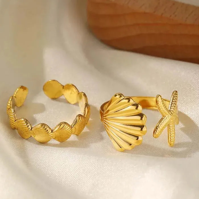 Adjustable Stainless Steel Sea Star Shell Ring Vintage Gold for Women Men Jewelry