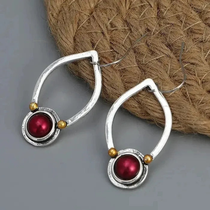 Vintage Red Stone Oval Drop Earrings for Ladies Zinc Alloy Antique Jewelry