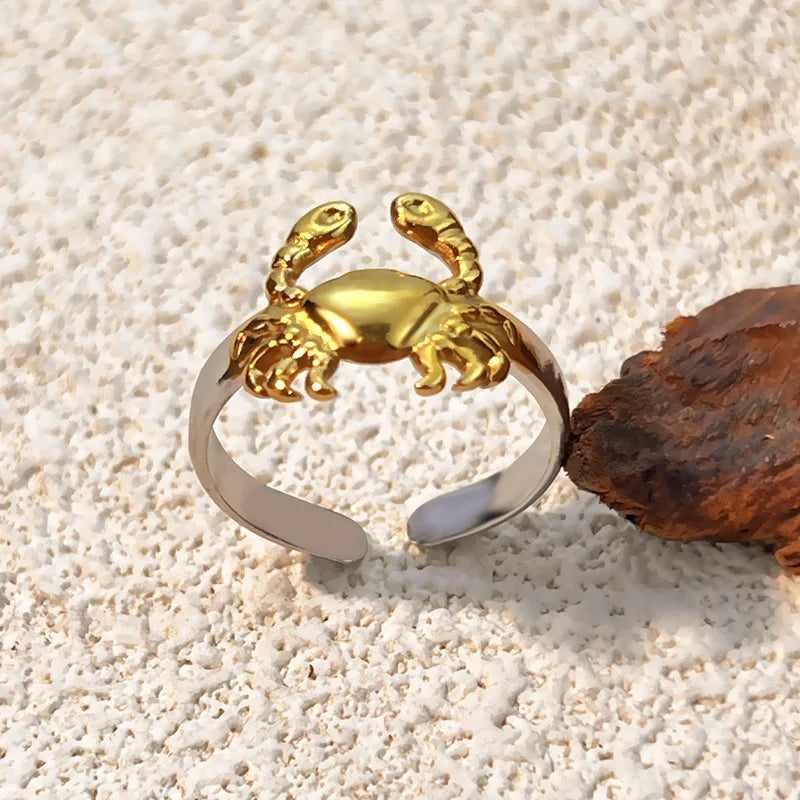 18K Gold Plated Ocean Series Opening Ring Mini Crab Conch Starfish for Women