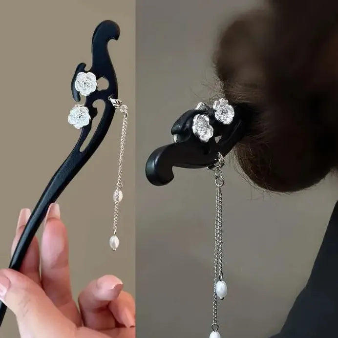 Wooden Chinese Style Flower Tassel Hair Stick with Pearl Pendant Hairpin