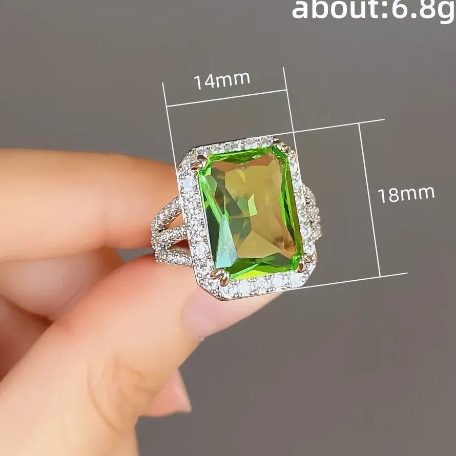 Elegant Big Green CZ Geometric Brass Wedding Band Ring for Women Luxury