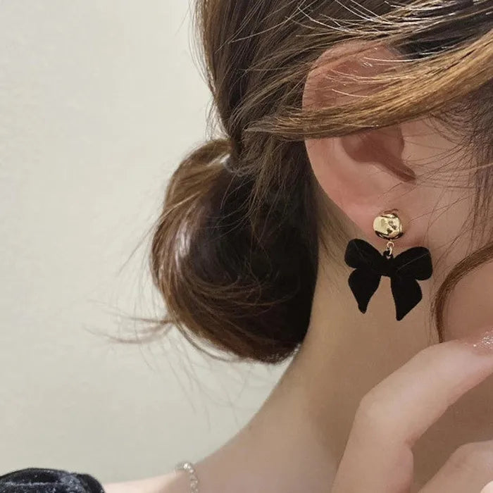 Vintage Black Zinc Alloy Bowknot Drop Earrings for Women Y2K Jewelry