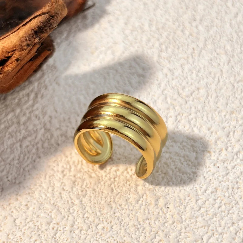 Punk 18k Gold Plated Stainless Steel Thick Stripe Three Layer Knuckle Ring