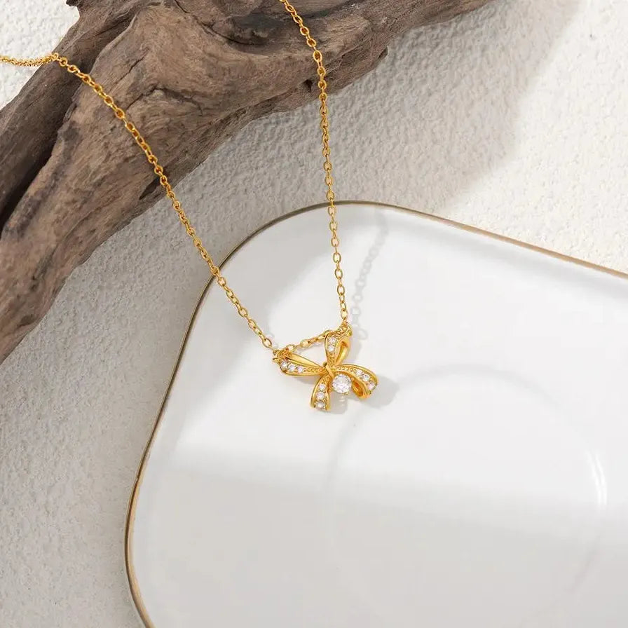 18K Gold Plated Butterfly Bowknot Pendant Necklace Women CZ Zircon Choker Jewelry