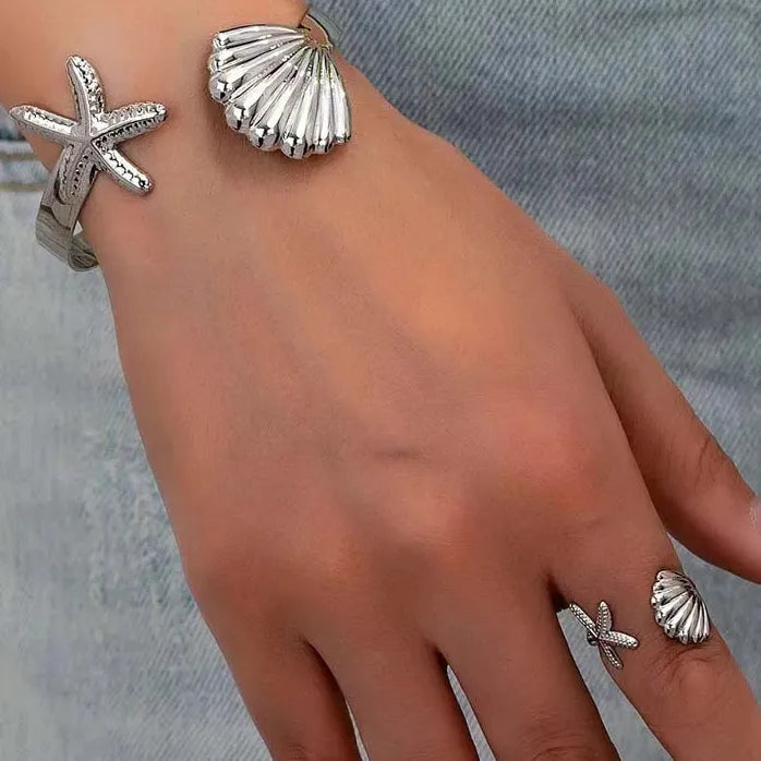 Adjustable Stainless Steel Starfish Cuff Bracelet for Women Men Jewelry
