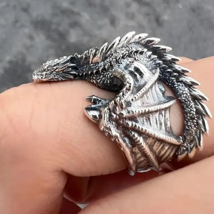 Gothic Punk Dragon Ring Featuring Pterosaur Wings Adjustable for Men Women