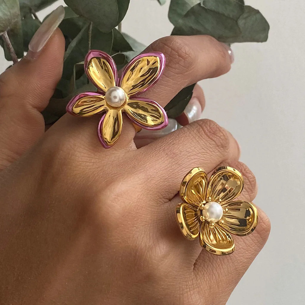18K Gold Plated Two-Color Flower Pearl Open Ring Stainless Steel Stackable Jewelry