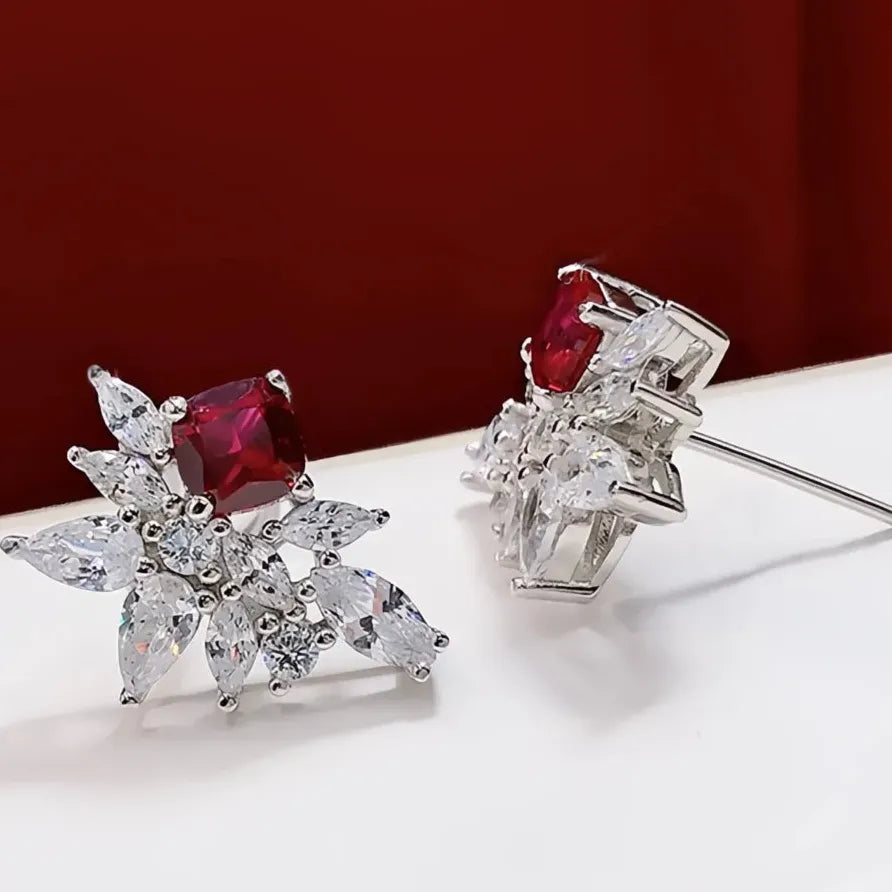 Luxury Red Geometric Cubic Zirconia Stud Earrings for Women Jewelry