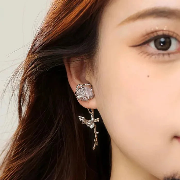 Copper Romantic Rose Crystal Earrings Women Gothic Thorn Stem Stud Studs Jewelry