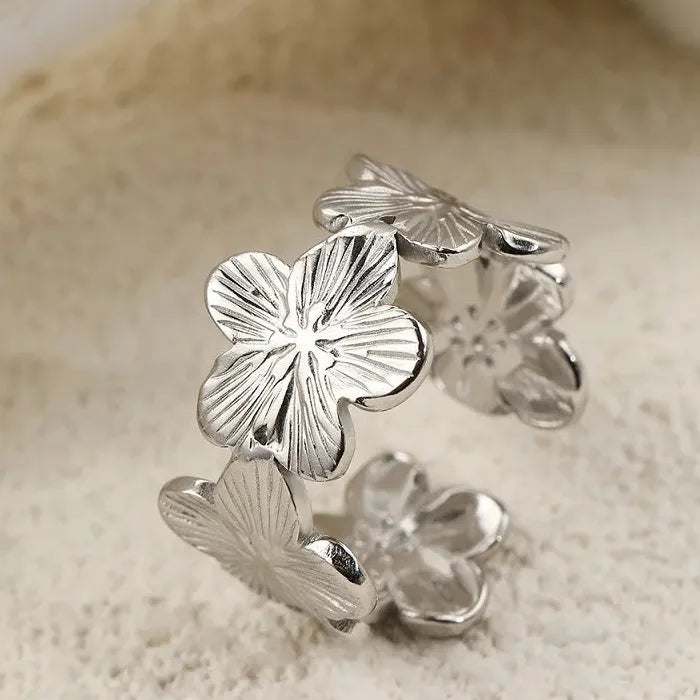 Adjustable Gold Color Stainless Steel Flower Ring Women Geometric Jewelry