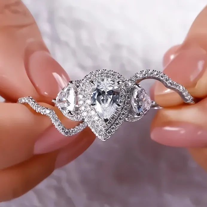 Opulent 3Pc Cubic Zirconia Bridal Wedding Ring Set with Geometric Design