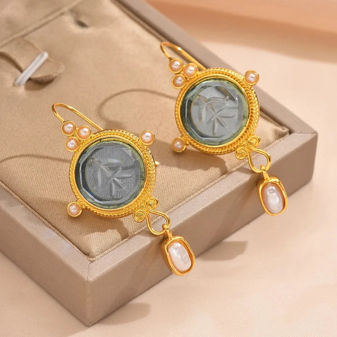 Blue Geometric Inlay Pearl Drop Earrings for Women Party Birthday Jewelry