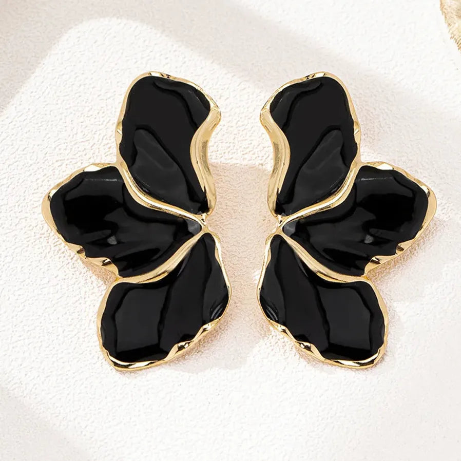 Vintage Black Enamel Flower Leaf Stud Earrings for Women Nature Jewelry