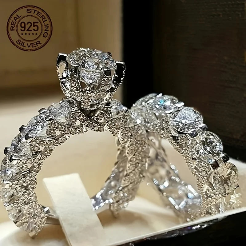 2PCS 925 Sterling Silver AAAAA Zircon Wedding Ring Set Women Engagement