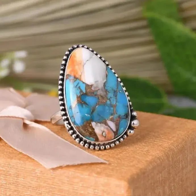 Retro Bohemian Copper Ring with Geometric Stone Resin Inlay for Women