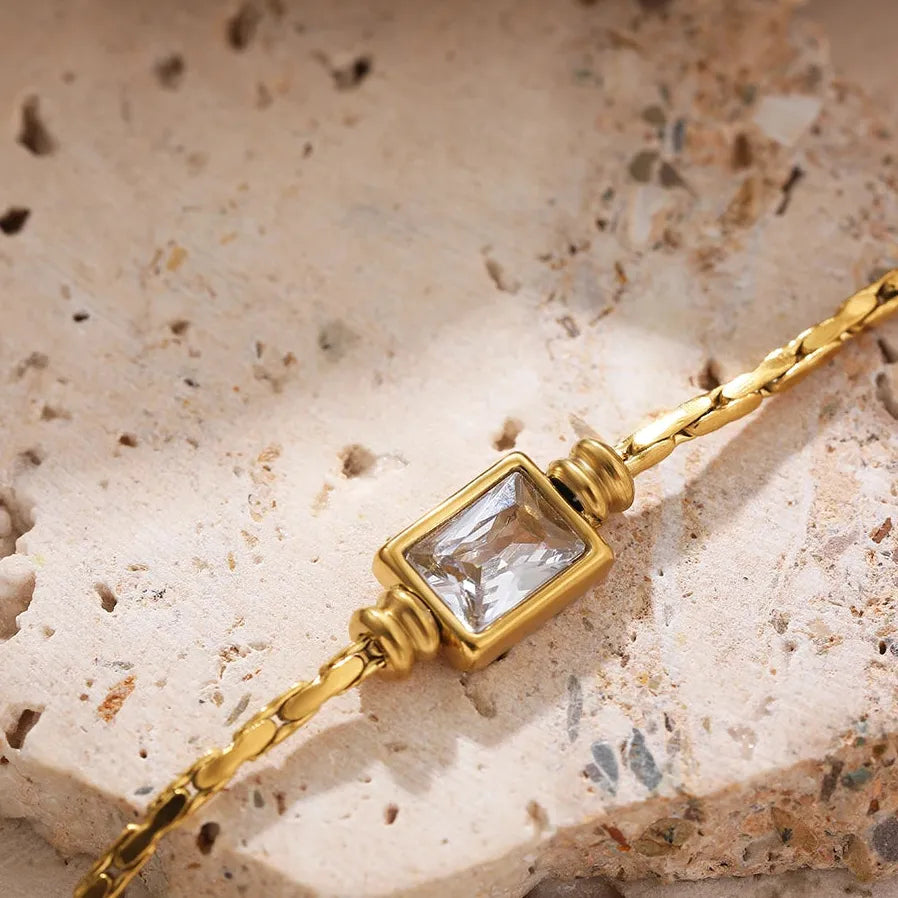 Adjustable Gold Plated Stainless Steel Snake Chain Square Crystal Zirconia Bracelet Women