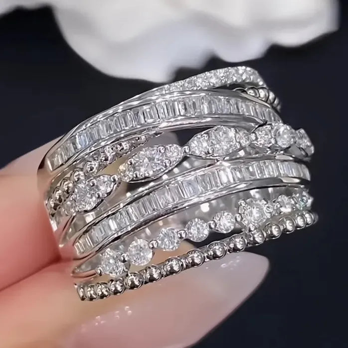 Multi-layer Wide Cocktail Ring for Women Brass Cubic Zirconia Wedding Jewelry