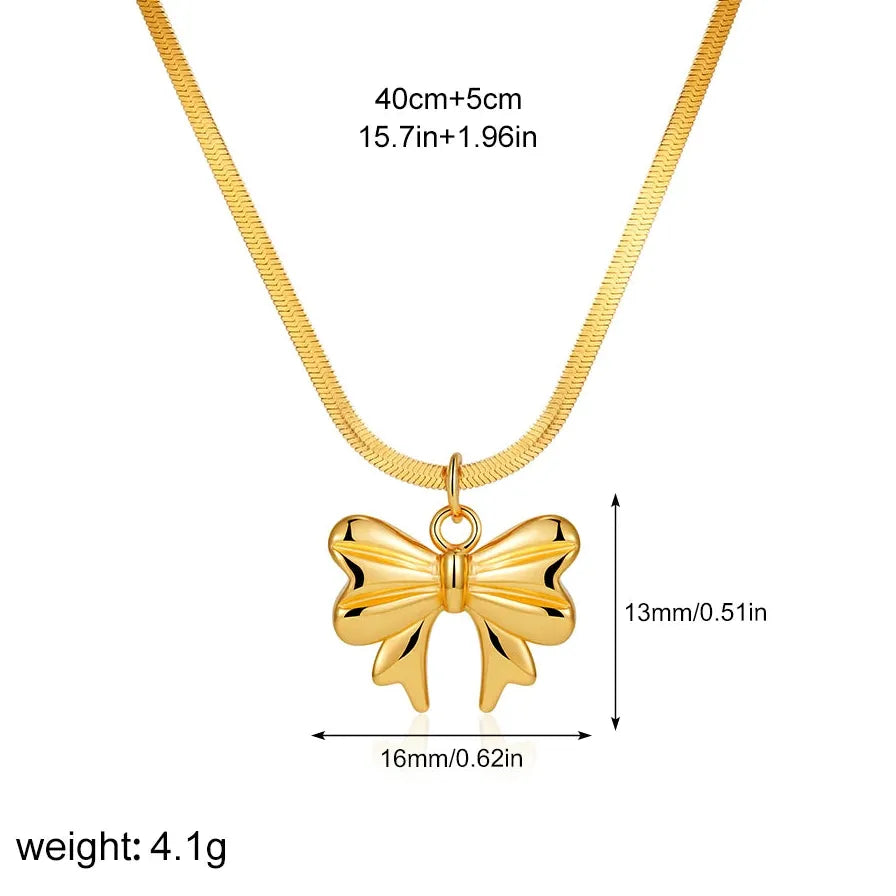 18K Gold Plated Bowknot Pendant Necklace Snake Chain Chunky Hollow Heart Zircon Jewelry