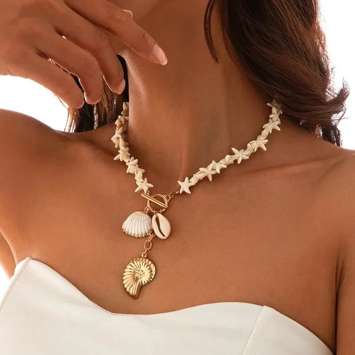 Resin Shell Starfish Pendant Necklace with Gray Pearl Tassel Choker Women’s