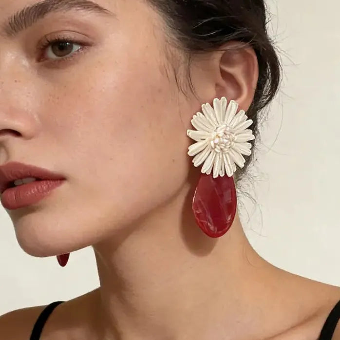 Red Geometric Acrylic Oval Drop Earrings Women Vintage Knitted White Flower Jewelry