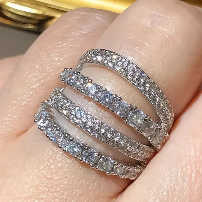 Geometric Multi-layer Cubic Zirconia Bridal Wedding Band Ring for Women