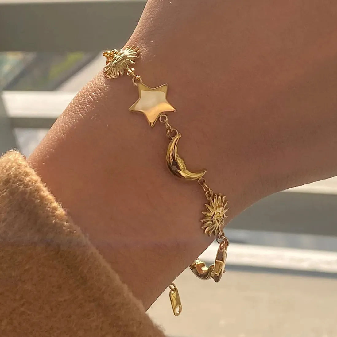Stainless Steel Star Moon Sun Bracelet for Women Girls Gold Adjustable Chain Bangle Jewelry
