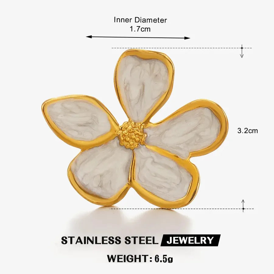 Vintage Stainless Steel Big Bloom Flower Cocktail Ring Black White Drip Oil