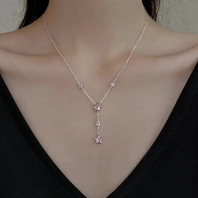 Luxury Stainless Steel Pink Zircon Star Pendant Necklace for Women Y2K
