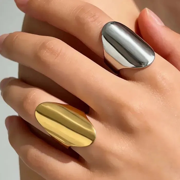 Adjustable Vintage Geometric Stainless Steel Wide Oval Ring for Women Gold Tone