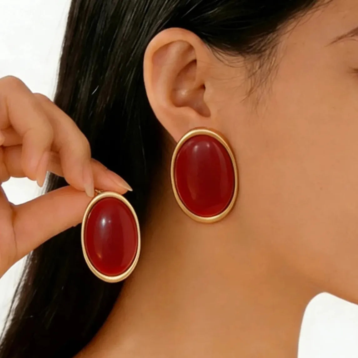 Red Acrylic Oval Geometric Stud Earrings for Women Fashion Jewelry