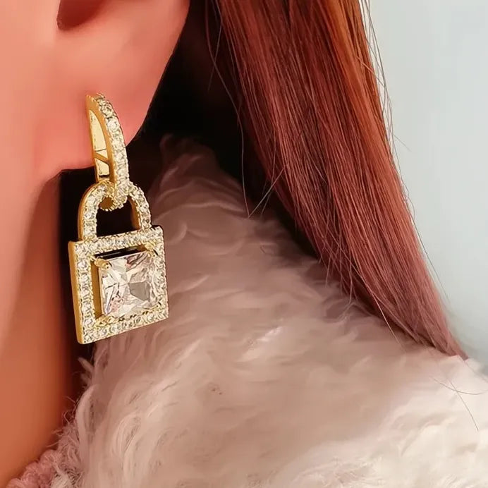 Gold Lock Drop Earrings with Shiny Cubic Zirconia for Women